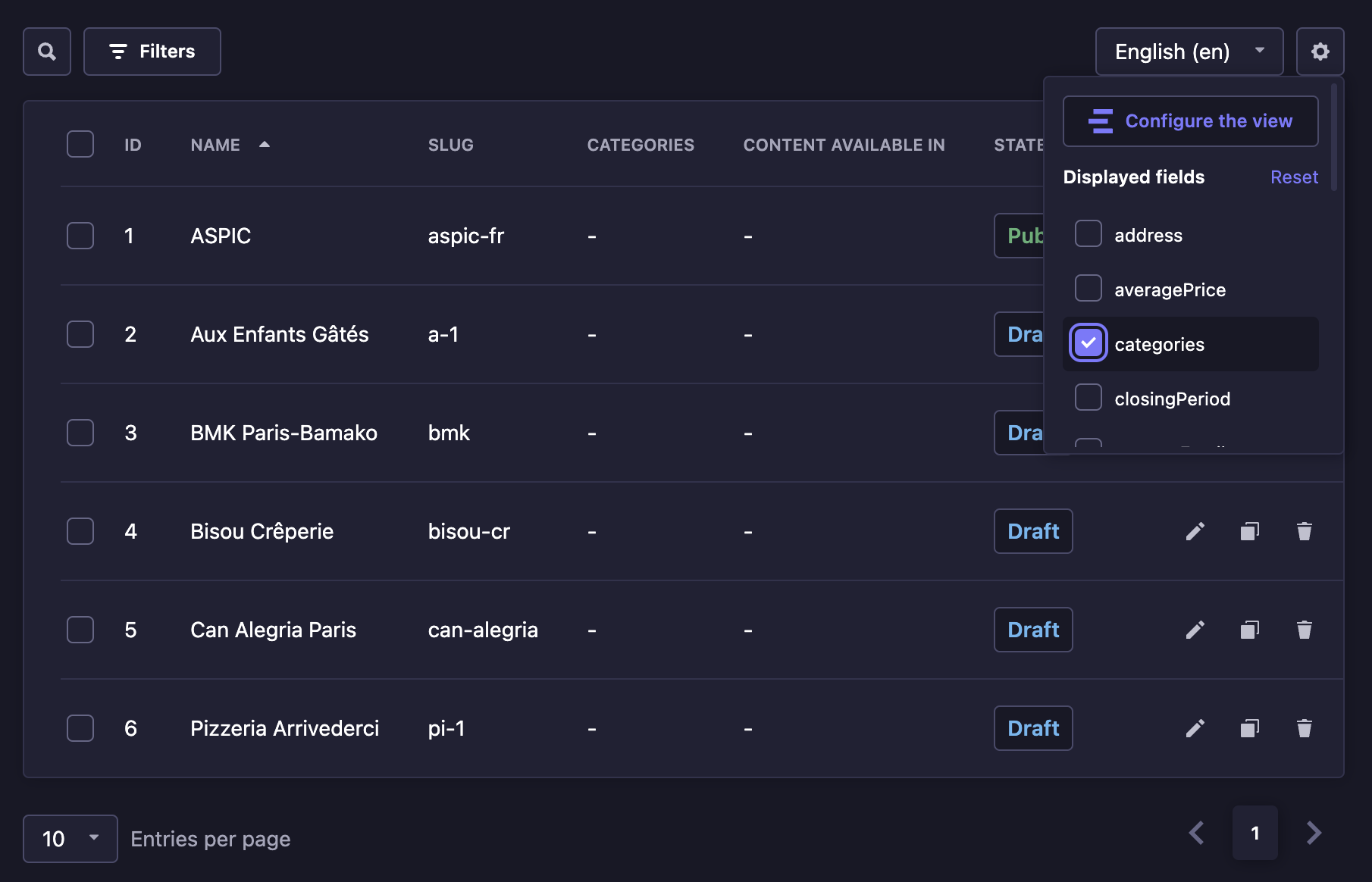 Displayed fields in the settings of a list view in the Content Manager